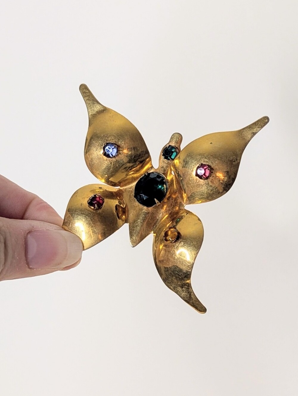 Vintage Metal Gold Tone Butterfly Pin Brooch Colorful Rhinestone Accents